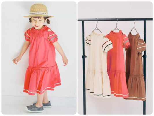 Japanese children's clothing p.prem#r off-the-shoulder short-sleeved dress 80-140cm girls summer dresses 