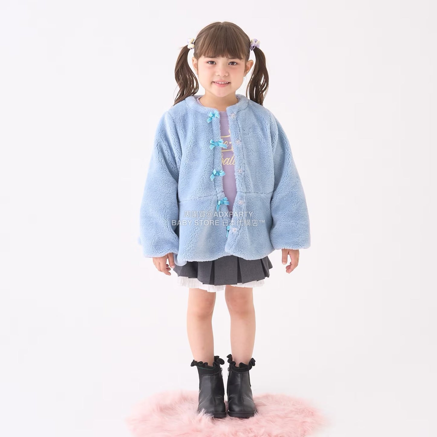 日本童裝 Ly# mine 無領荷葉邊收腰毛毛外套 100-150cm 女童款 冬季 (適合初秋、香港平均溫度、寒冷天氣）OUTERWEAR 