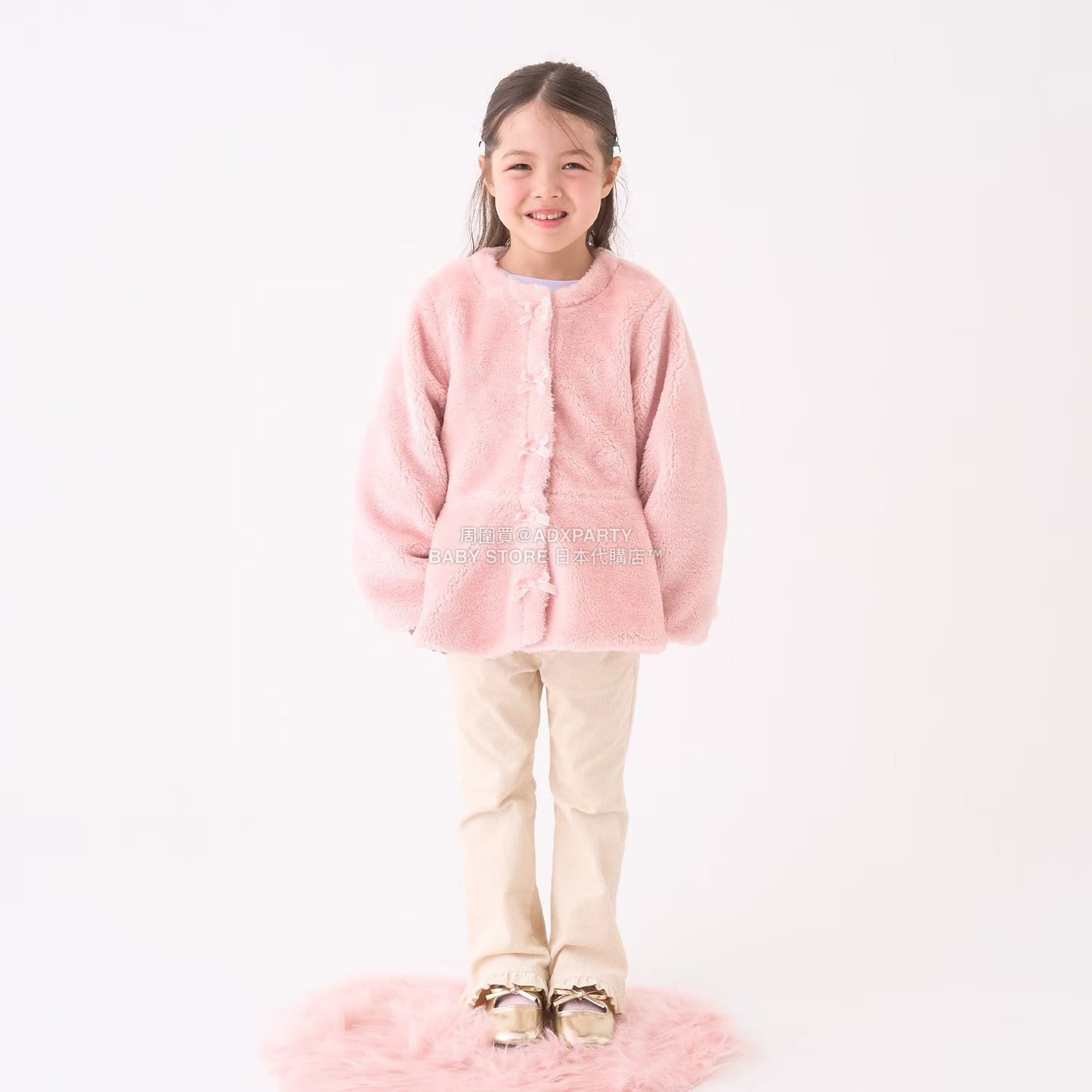 日本童裝 Ly# mine 無領荷葉邊收腰毛毛外套 100-150cm 女童款 冬季 (適合初秋、香港平均溫度、寒冷天氣）OUTERWEAR 