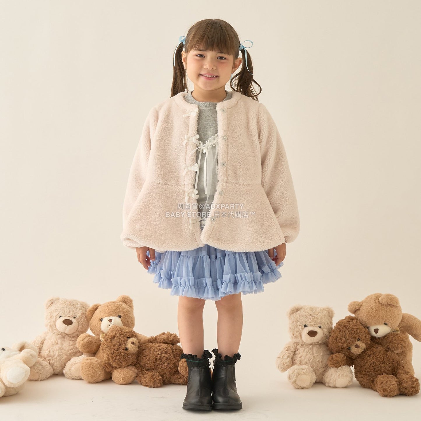 日本童裝 Ly# mine 無領荷葉邊收腰毛毛外套 100-150cm 女童款 冬季 (適合初秋、香港平均溫度、寒冷天氣）OUTERWEAR 