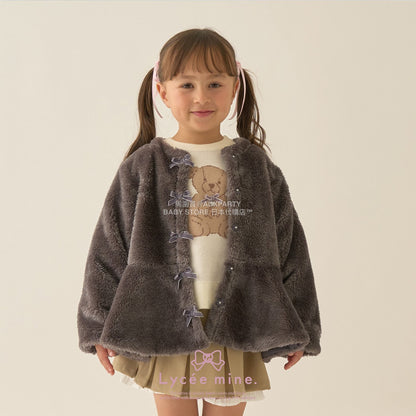 日本童裝 Ly# mine 無領荷葉邊收腰毛毛外套 100-150cm 女童款 冬季 (適合初秋、香港平均溫度、寒冷天氣）OUTERWEAR 