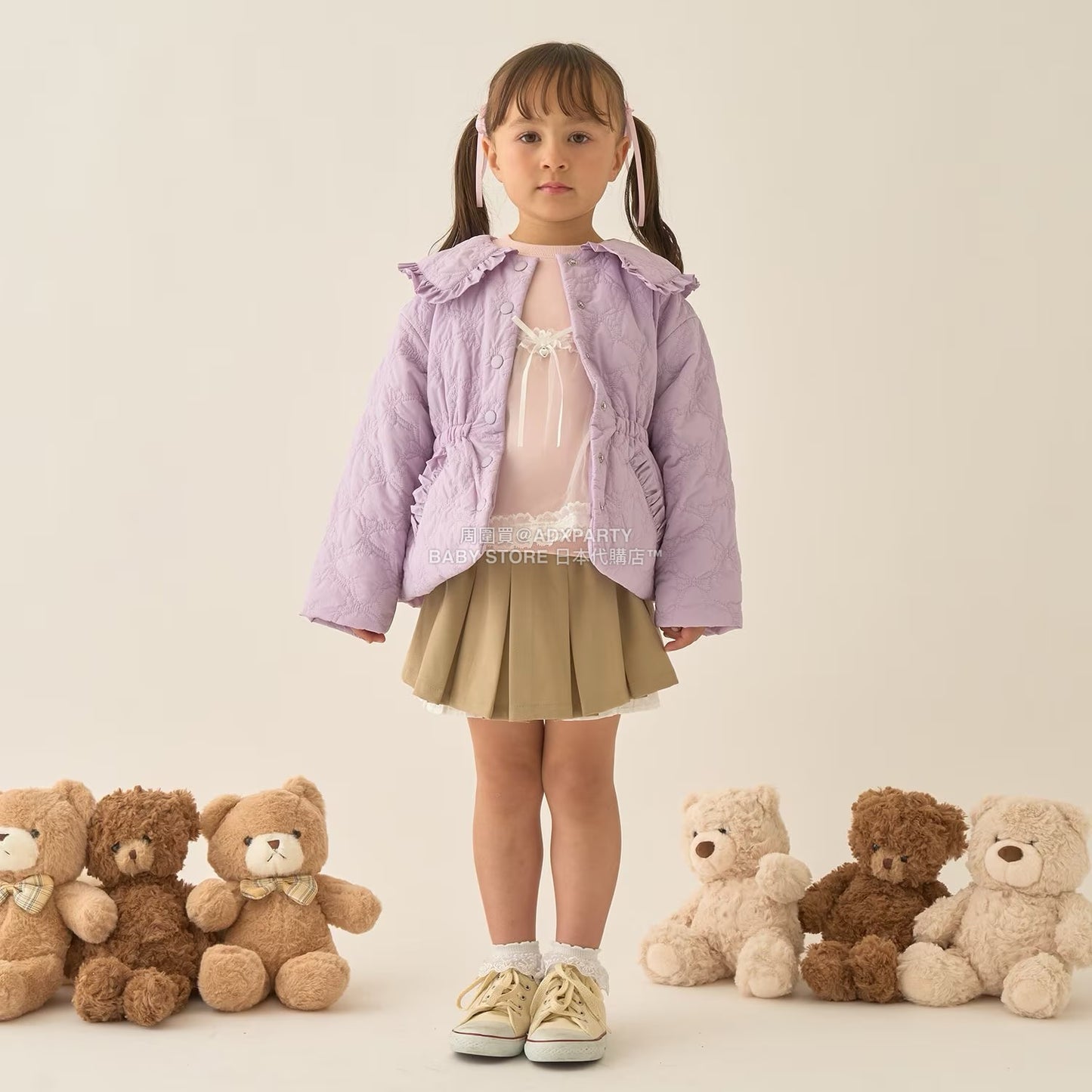 日本童裝 Ly# mine 中長款蝴蝶結絎縫外套 100-150cm 女童款 冬季 (適合初秋、香港平均溫度）OUTERWEAR 