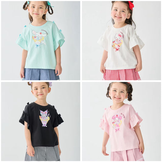 日本童裝 aF#a325 x Sanrio 接觸冷感 蝴蝶結花邊袖上衣 90-150cm 女童款 夏季 TOPS