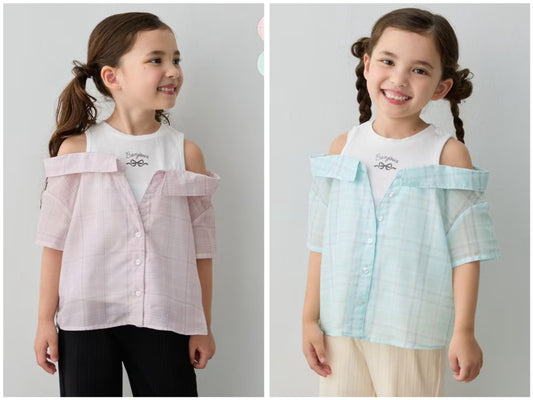 日本童裝 aF#a325 接觸冷感 露肩拼接格紋襯衫 110-150cm 女童款 夏季 TOPS (副本)