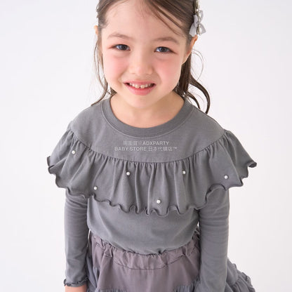 日本童裝 Ly# mine 珍珠圓領荷葉上衣 100-150cm 女童款 冬季 TOPS