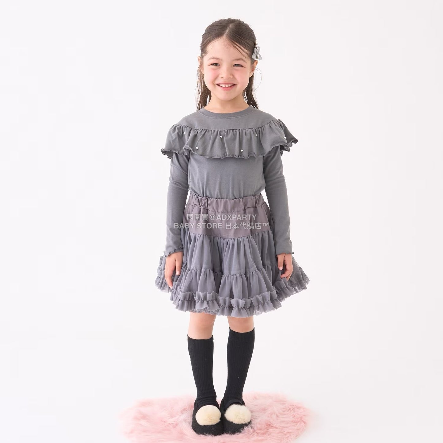 日本童裝 Ly# mine 珍珠圓領荷葉上衣 100-150cm 女童款 冬季 TOPS