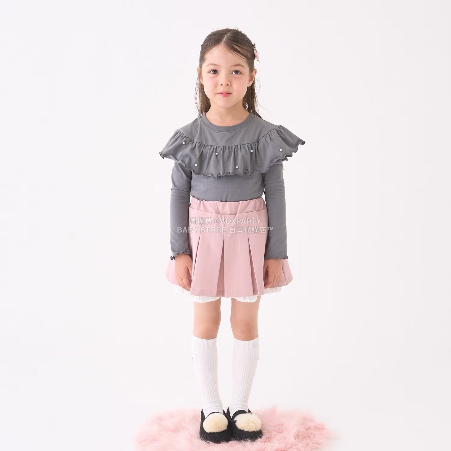 日本童裝 Ly# mine 珍珠圓領荷葉上衣 100-150cm 女童款 冬季 TOPS