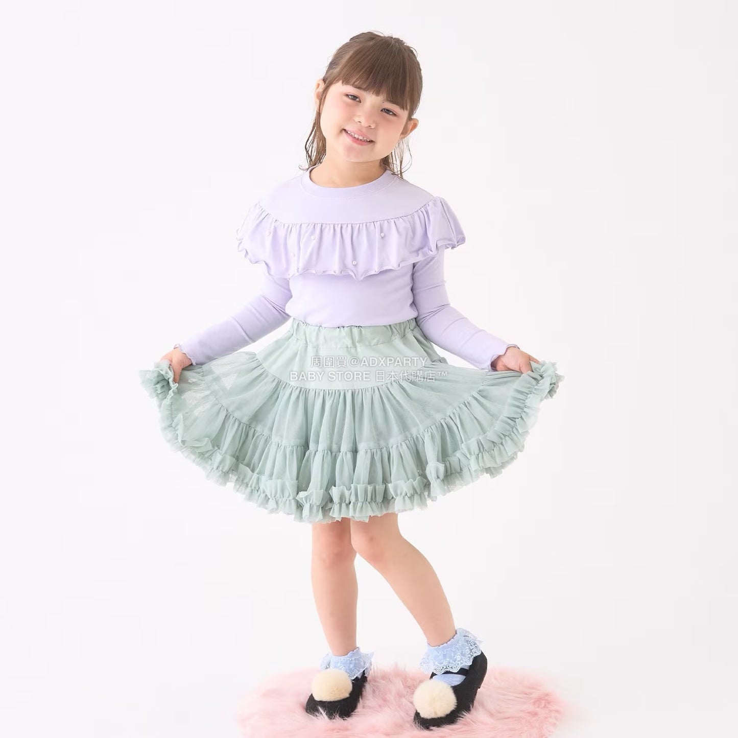 日本童裝 Ly# mine 珍珠圓領荷葉上衣 100-150cm 女童款 冬季 TOPS