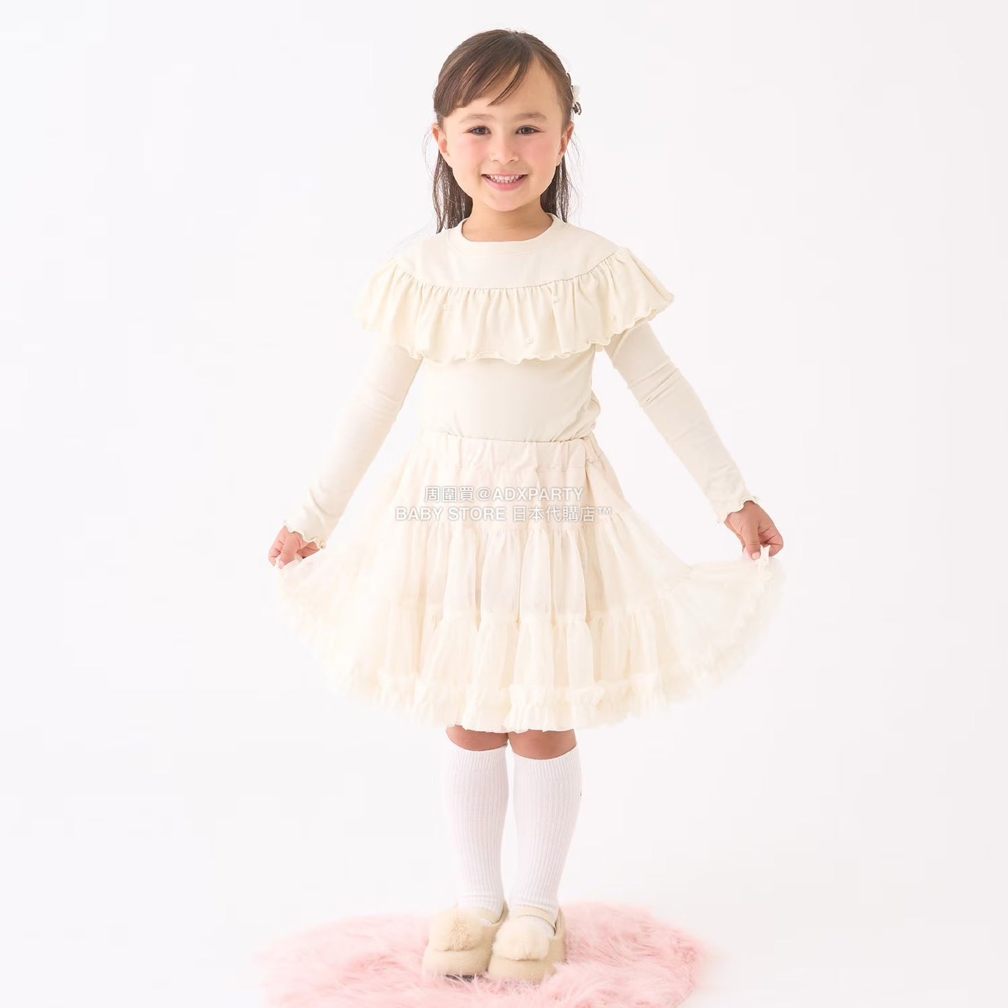 日本童裝 Ly# mine 珍珠圓領荷葉上衣 100-150cm 女童款 冬季 TOPS