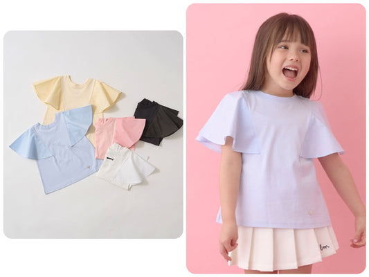 Japanese children's clothing Ly# mine 2Way double-sided lace sleeve top 100-150cm girls summer TOPS 