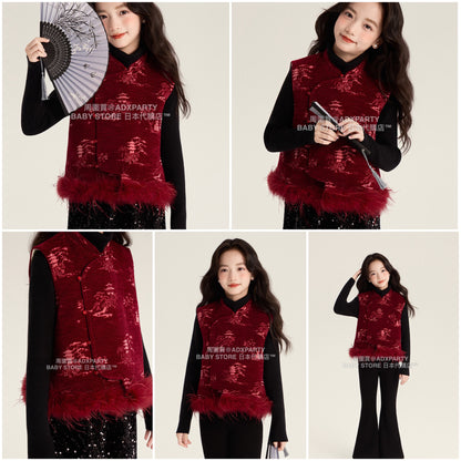 新年童裝 繁花似錦刺繡背心 110-170cm 親子裝 女童款/大人款 新年中式華服唐裝 新春馬年 2026年 AAA