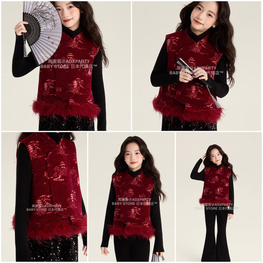 新年童裝 繁花似錦刺繡背心 110-170cm 親子裝 女童款/大人款 新年中式華服唐裝 新春馬年 2026年 AAA