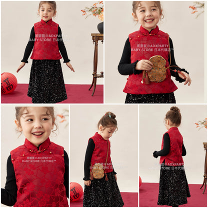 新年童裝 梅開五福刺繡背心 90-140cm 女童款 新年中式華服唐裝 新春馬年 2026年 AAA