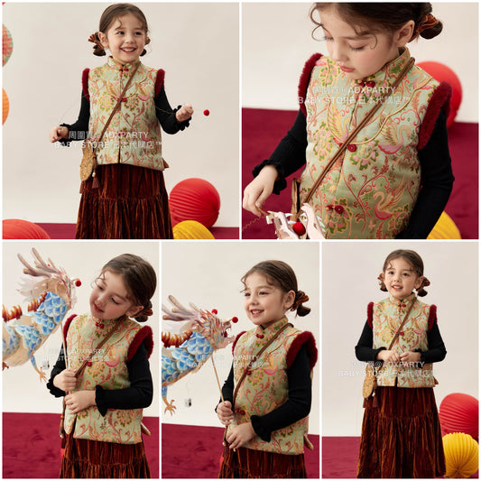 新年童裝 鵝躍新春唐裝背心 90-140cm 女童款 新年中式華服唐裝 新春馬年 2026年