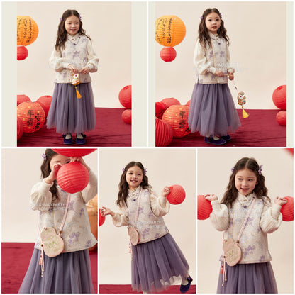 新年童裝  杏影搖金唐裝紗裙兩件套裝 90-150cm 女童款 新年中式華服唐裝 新春馬年 2026年