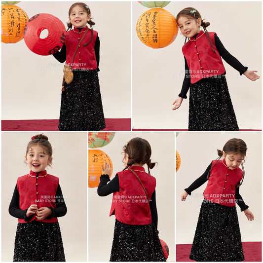 新年童裝 福運綿綿夾棉背心 90-150cm 女童款 新年中式華服唐裝 新春馬年 2026年 AAA