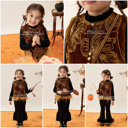 新年童裝 聚福納吉絲絨毛毛背心（毛毛可拆） 90-150cm 女童款 新年中式華服唐裝 新春馬年 2026年 AAA