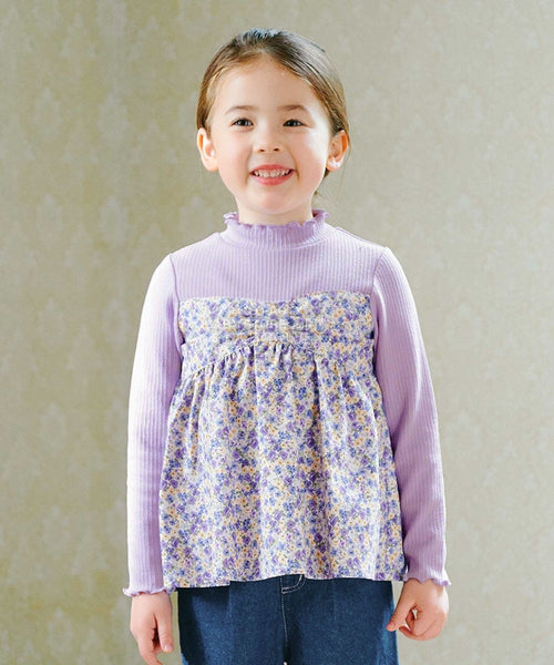 日本童裝 aF#a325 假兩件碎花上衣 100-150cm 女童款 秋季 TOPS