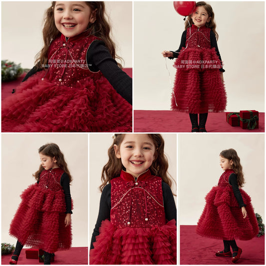 新年童裝 背心旗袍蛋糕裙 90-150cm 女童款 新年中式華服唐裝 新春馬年 2026年 AAA