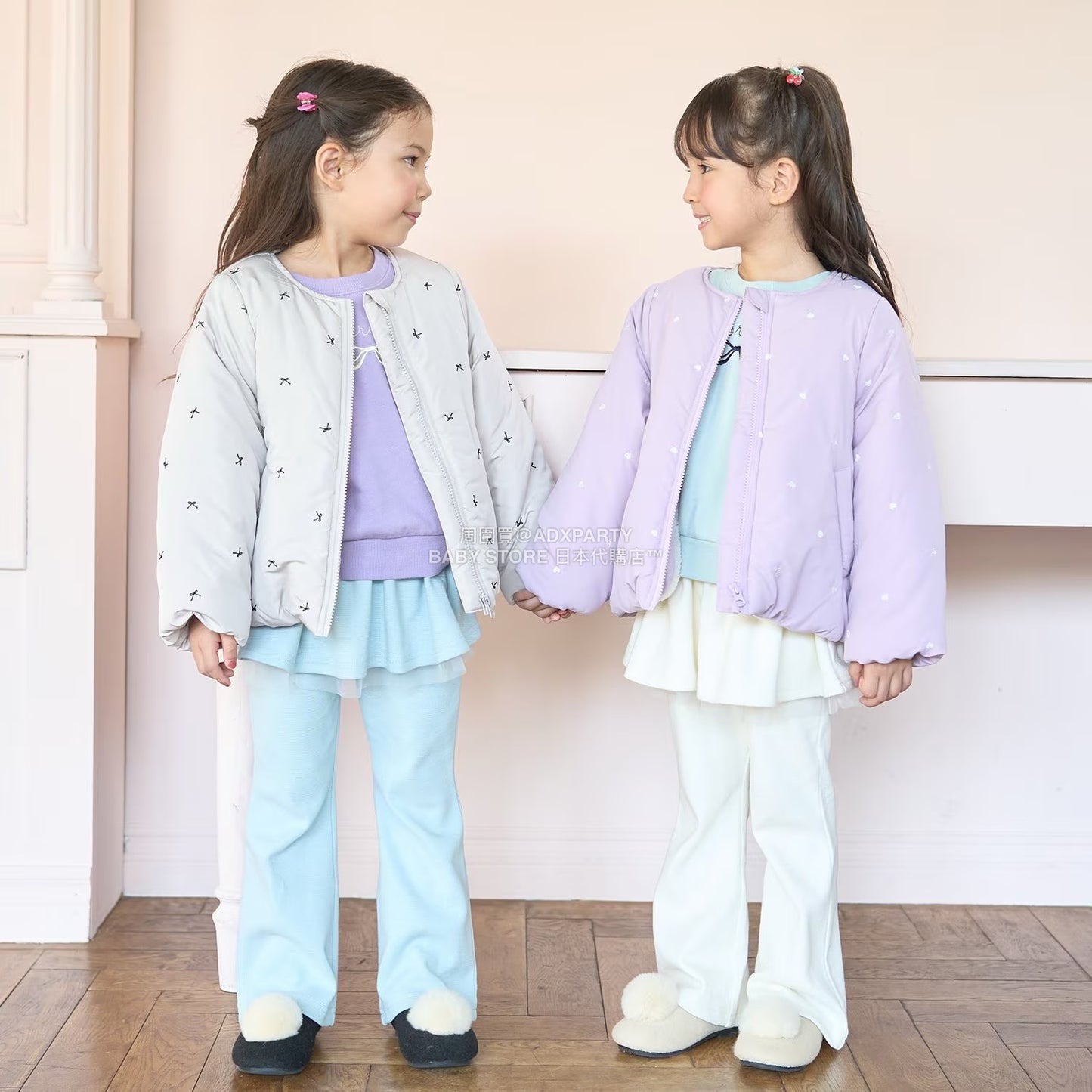 日本童裝 Ly# mine 刺繡無領夾棉抓毛外套 100-150cm 女童款 冬季 (適合初秋、香港平均溫度、寒冷天氣）OUTERWEAR 