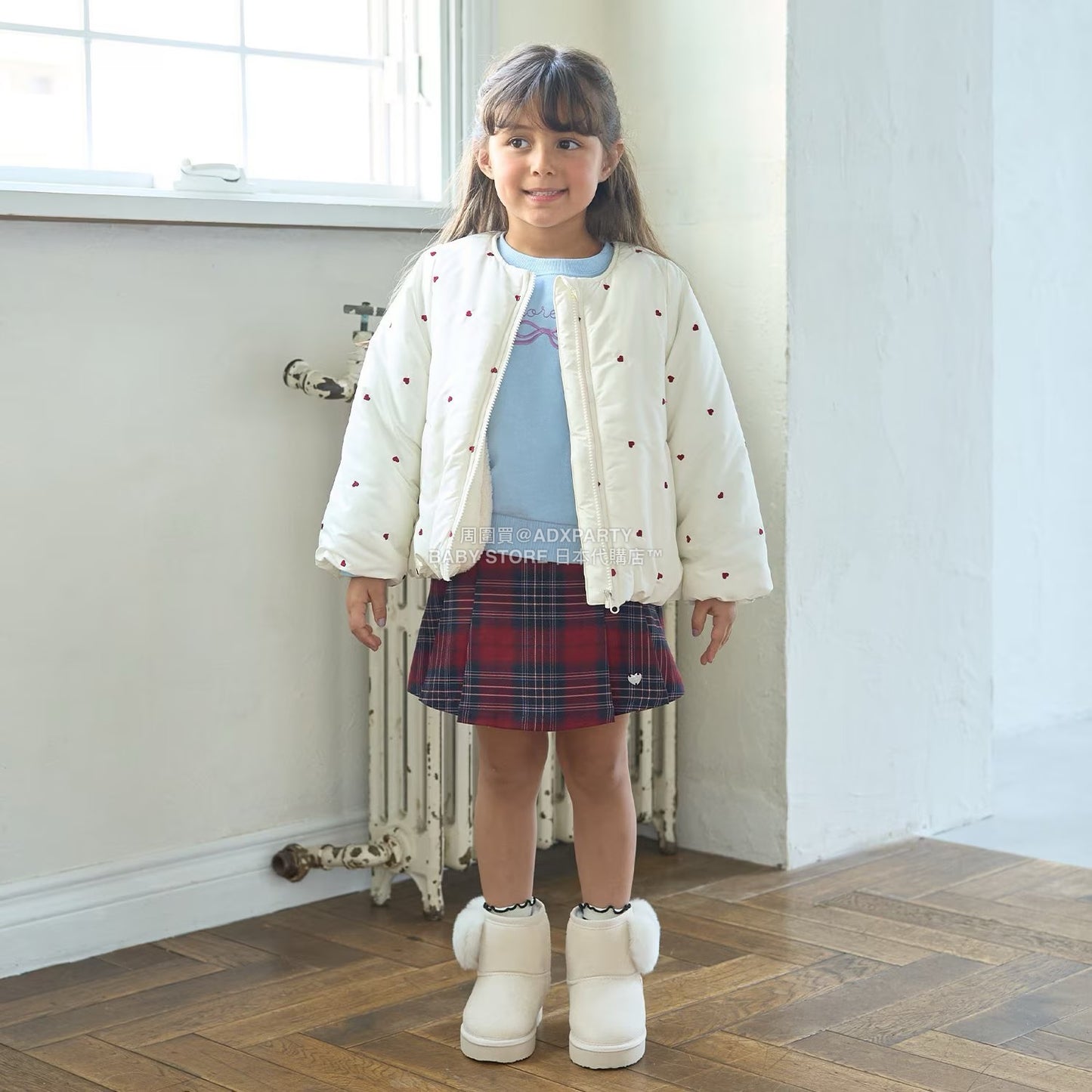 日本童裝 Ly# mine 刺繡無領夾棉抓毛外套 100-150cm 女童款 冬季 (適合初秋、香港平均溫度、寒冷天氣）OUTERWEAR 