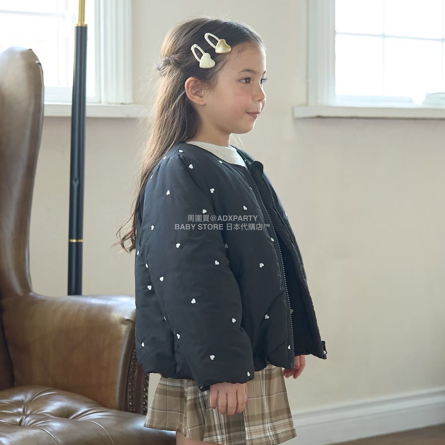 日本童裝 Ly# mine 刺繡無領夾棉抓毛外套 100-150cm 女童款 冬季 (適合初秋、香港平均溫度、寒冷天氣）OUTERWEAR 