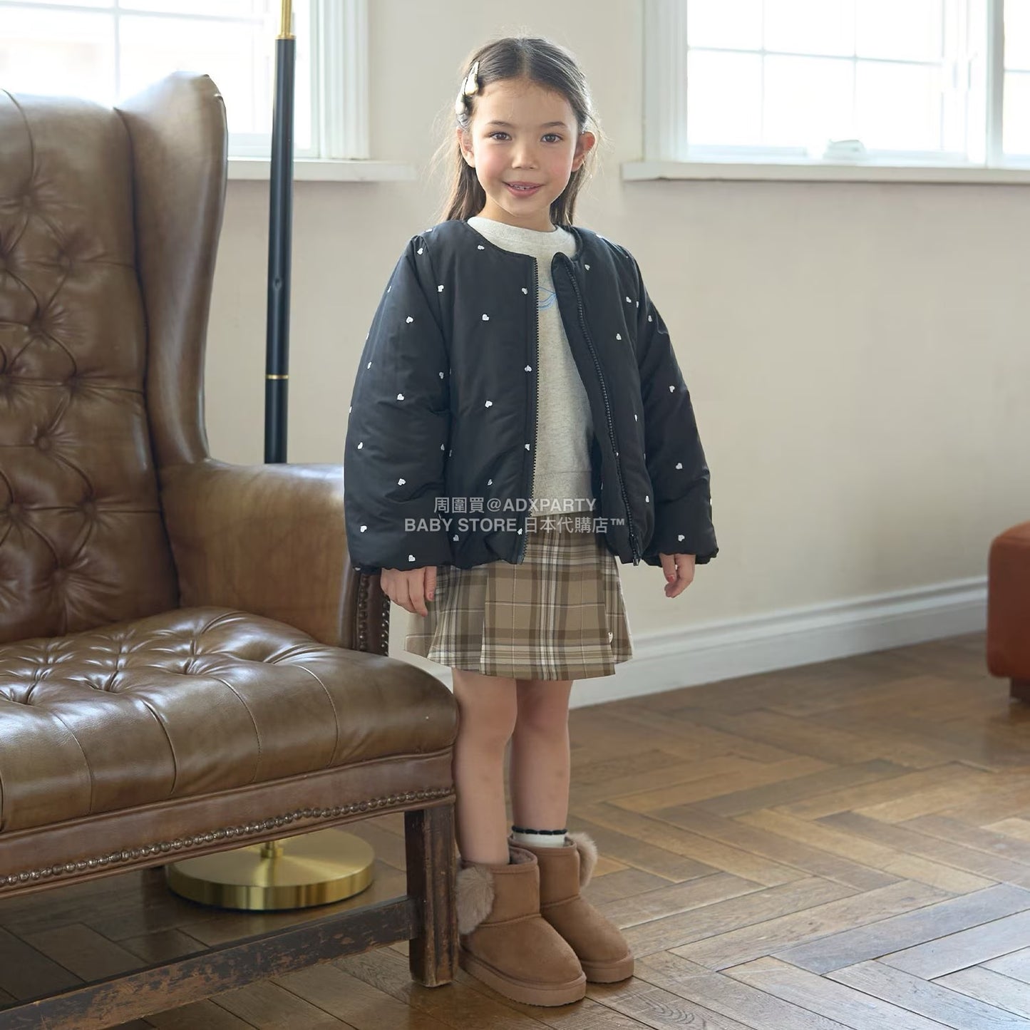 日本童裝 Ly# mine 刺繡無領夾棉抓毛外套 100-150cm 女童款 冬季 (適合初秋、香港平均溫度、寒冷天氣）OUTERWEAR 