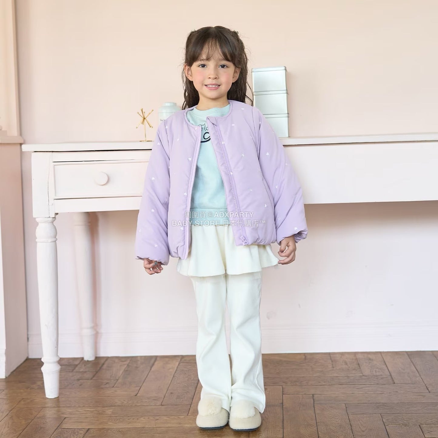 日本童裝 Ly# mine 刺繡無領夾棉抓毛外套 100-150cm 女童款 冬季 (適合初秋、香港平均溫度、寒冷天氣）OUTERWEAR 