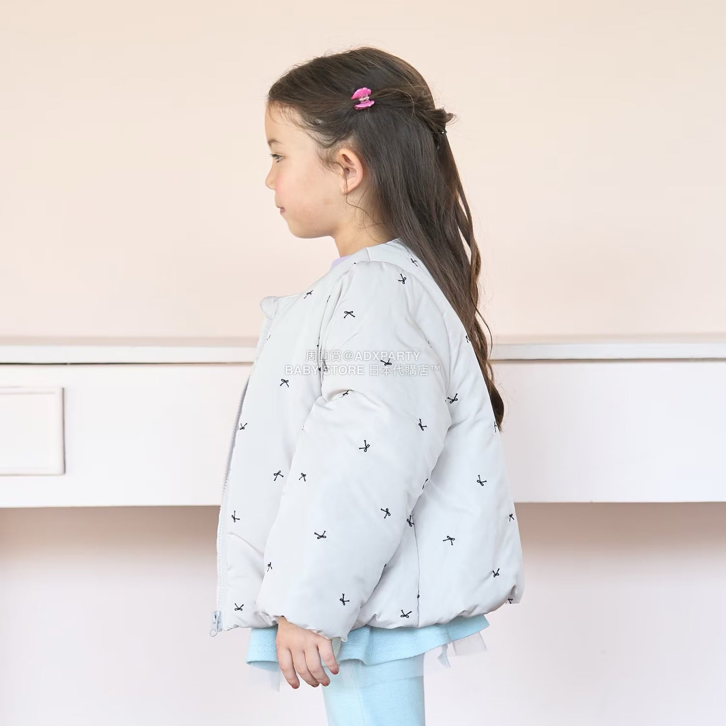 日本童裝 Ly# mine 刺繡無領夾棉抓毛外套 100-150cm 女童款 冬季 (適合初秋、香港平均溫度、寒冷天氣）OUTERWEAR 