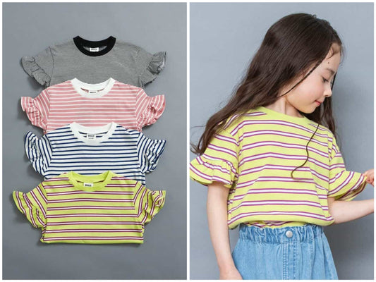 日本童裝 BREEZE 荷葉邊袖條紋上衣 90-140cm 女童款 夏季 TOPS