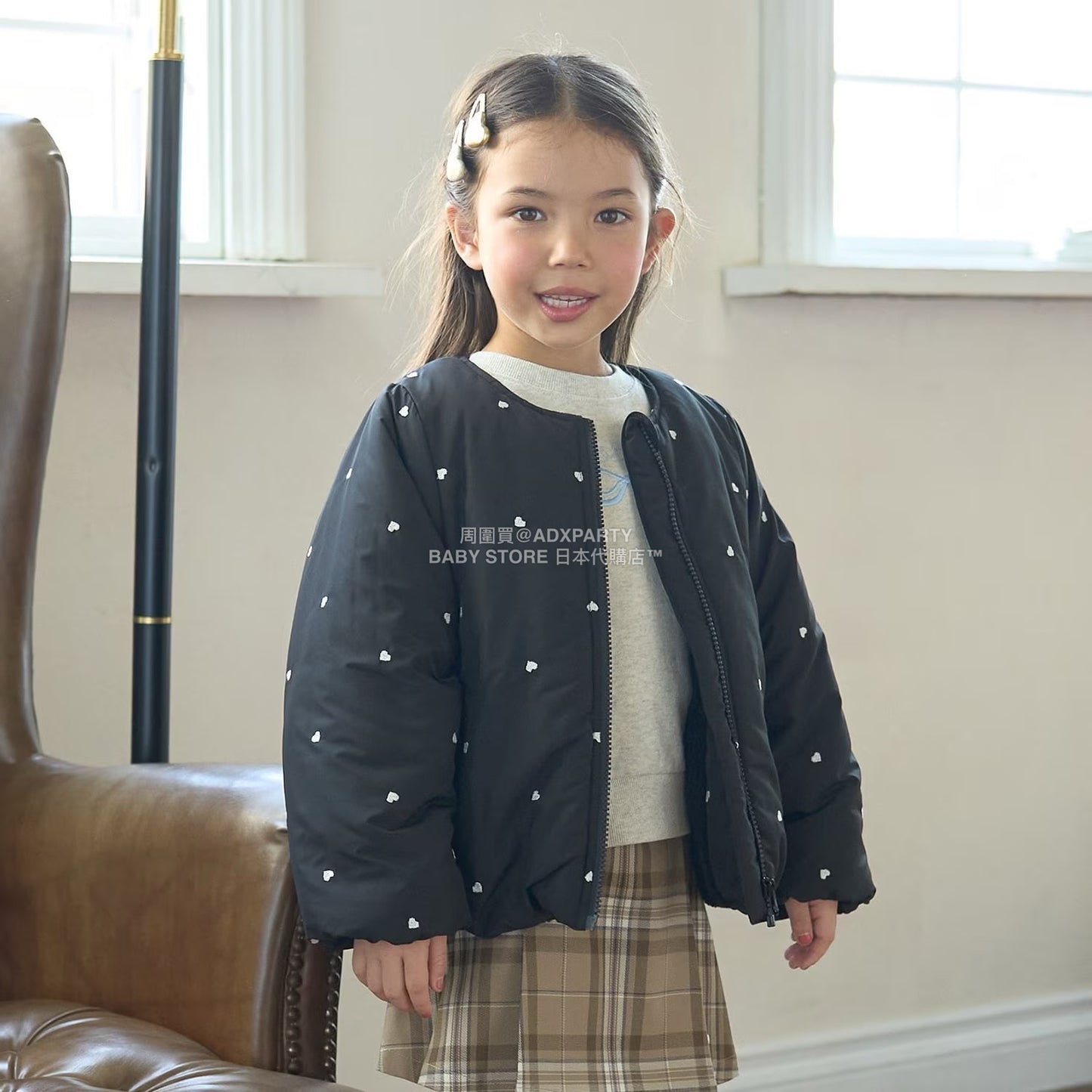 日本童裝 Ly# mine 刺繡無領夾棉抓毛外套 100-150cm 女童款 冬季 (適合初秋、香港平均溫度、寒冷天氣）OUTERWEAR 