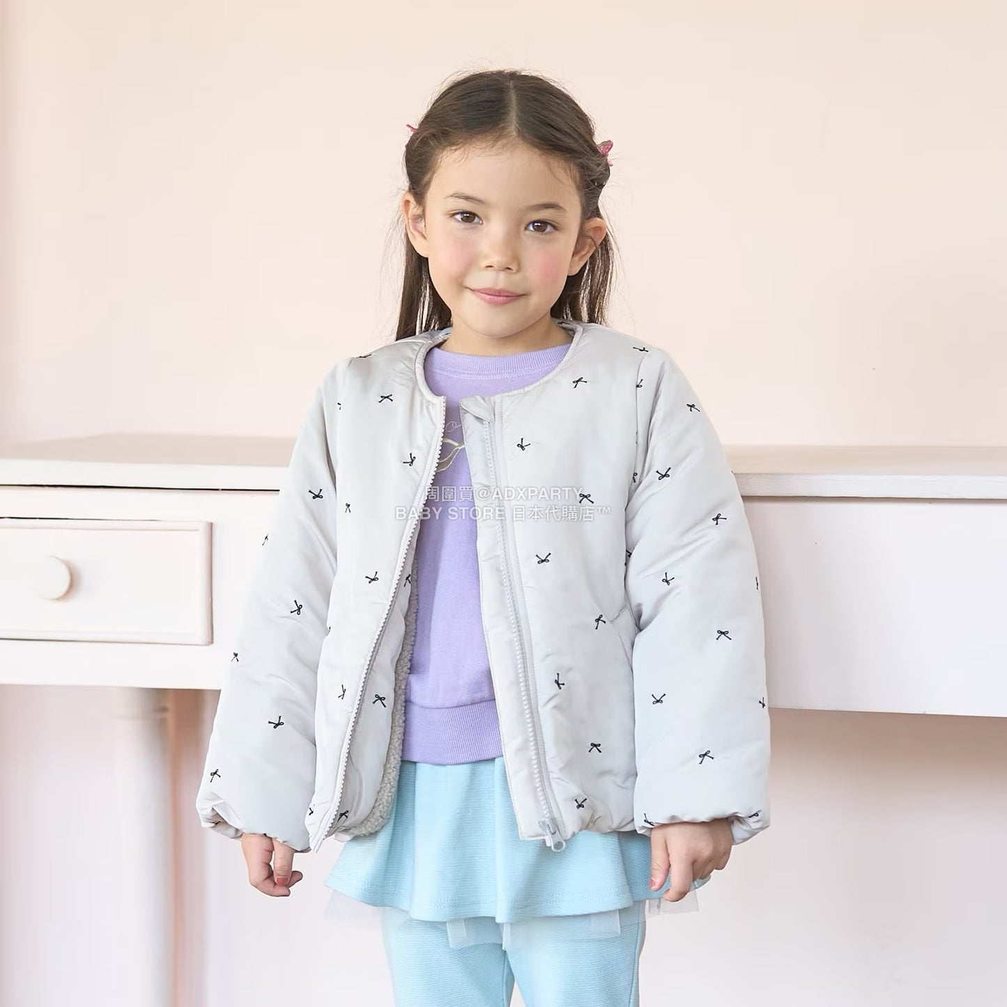 日本童裝 Ly# mine 刺繡無領夾棉抓毛外套 100-150cm 女童款 冬季 (適合初秋、香港平均溫度、寒冷天氣）OUTERWEAR 