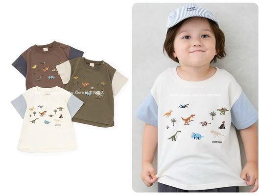 Japanese children's clothing pe#main dinosaur embroidered top 80-130cm boys' summer TOPS 