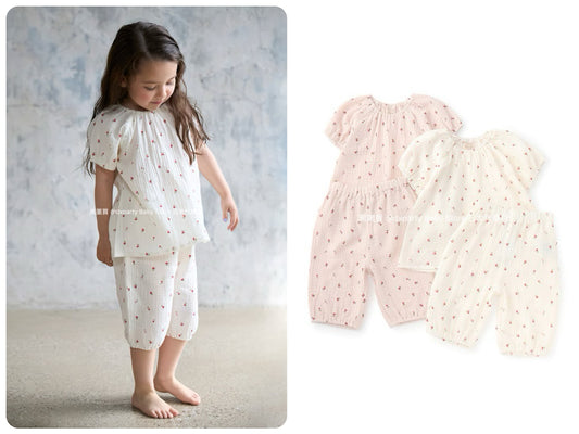 Japanese children's clothing pe#main puff sleeve double gauze pajamas 80-130cm girls' summer pajamas series 