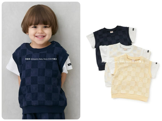 Japanese children's clothing pe#main fake two-piece checkered top 80-130cm boys' summer TOPS 