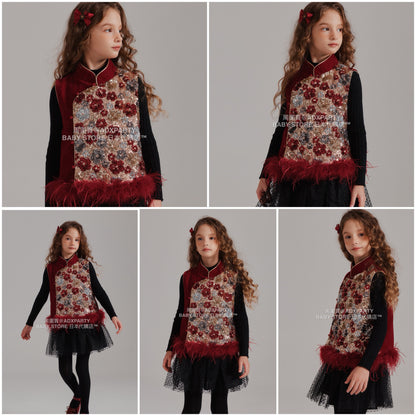 新年童裝 亮片毛毛裙邊旗袍背心 120-165cm 女童款 新年中式華服唐裝 新春馬年 2026年