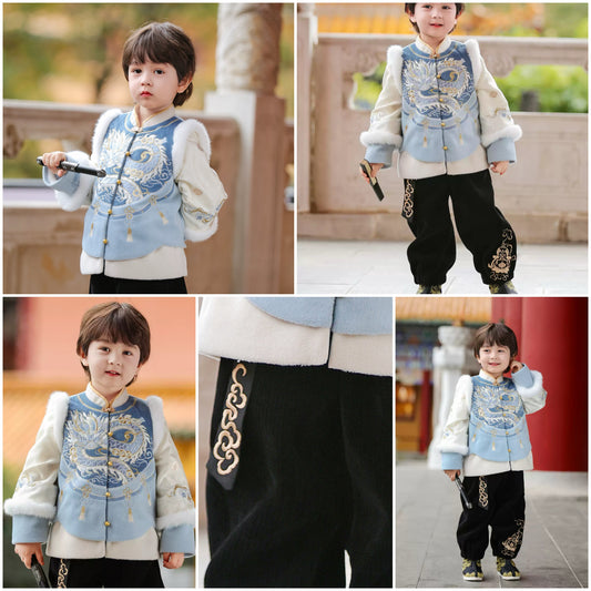 新年童裝 滄海游龍兩件套裝 100-150cm 男童款 新年中式華服唐裝 新春馬年 2026年