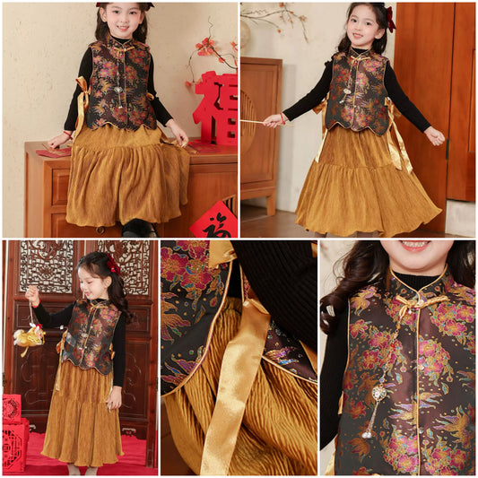 新年童裝 織光繁花三件套裝 100-150cm 女童款 新年中式華服唐裝 新春馬年 2026年