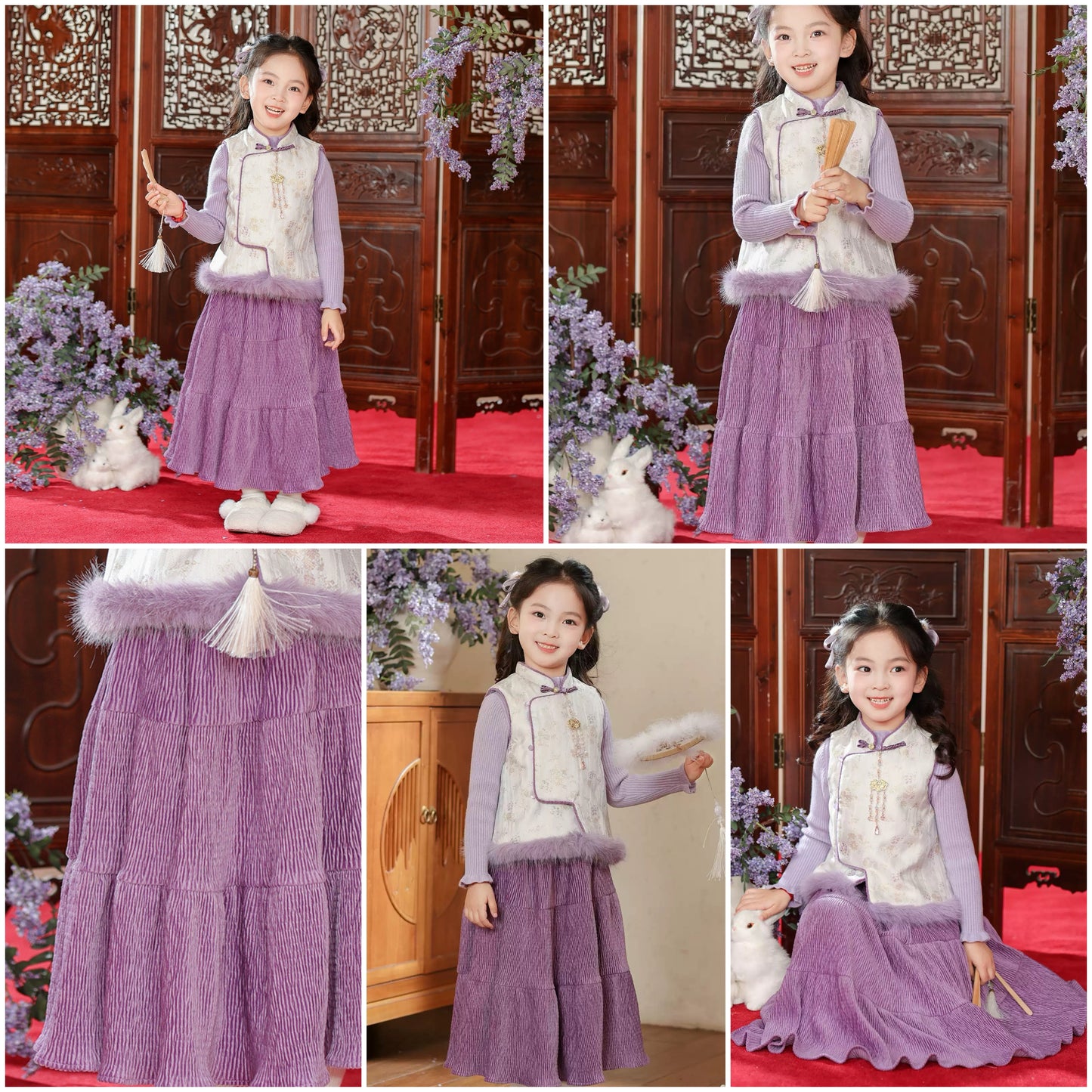 新年童裝 紫藤柔香三件套裝 100-150cm 女童款 新年中式華服唐裝 新春馬年 2026年