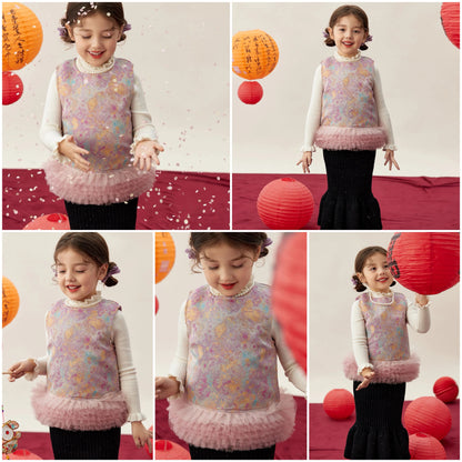 新年童裝  粉金綺夢紗邊唐裝背心 90-150cm 女童款 新年中式華服唐裝 新春馬年 2026年 AAA