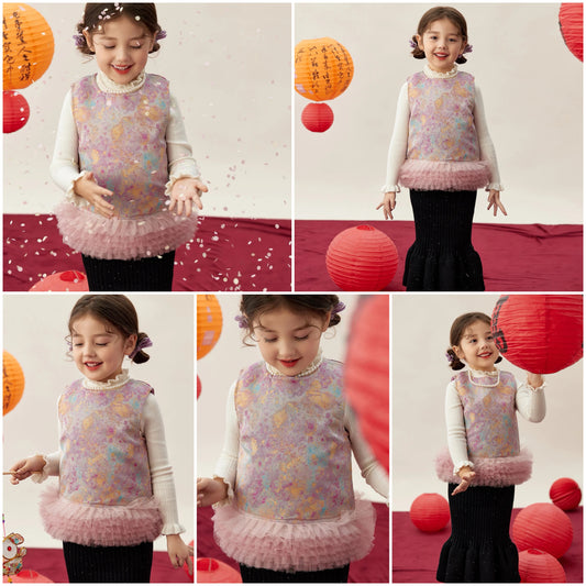 新年童裝  粉金綺夢紗邊唐裝背心 90-150cm 女童款 新年中式華服唐裝 新春馬年 2026年 AAA