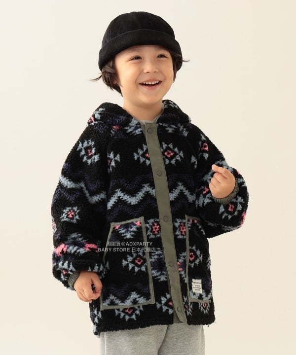 日本童裝 BEAMS mini 2Way 雙面兩著 全花紋毛絨連帽外套 90-140cm 男童款/女童款 秋冬季  (適合初秋、香港平均溫度、寒冷天氣）OUTERWEAR 