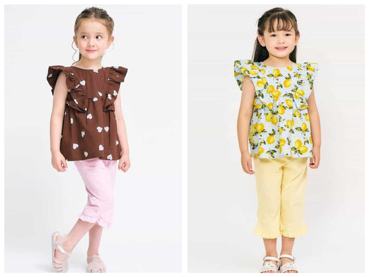 Japanese children's clothing apres les cours heart and lemon pattern ruffle two-piece set 80-140cm girls summer TOPS PANTS 