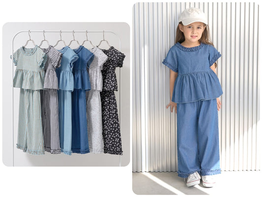 Japanese children's clothing Ly# mine ruffled top and pants two-piece suit 100-150cm girls spring and summer TOPS PANTS 