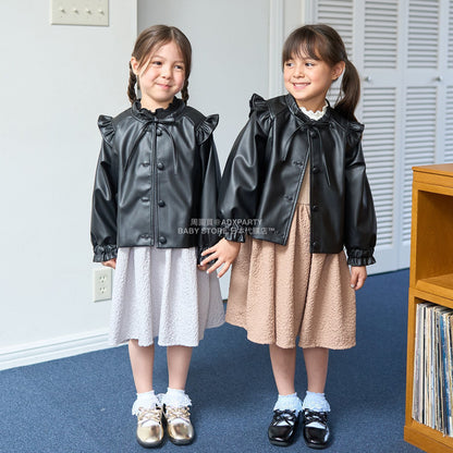 日本童裝 Ly# mine [柔軟合成皮革] 無領皮褸 110-150cm 女童款 秋季 OUTERWEAR