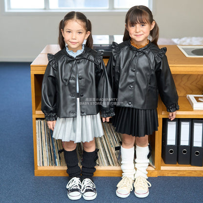 日本童裝 Ly# mine [柔軟合成皮革] 無領皮褸 110-150cm 女童款 秋季 OUTERWEAR