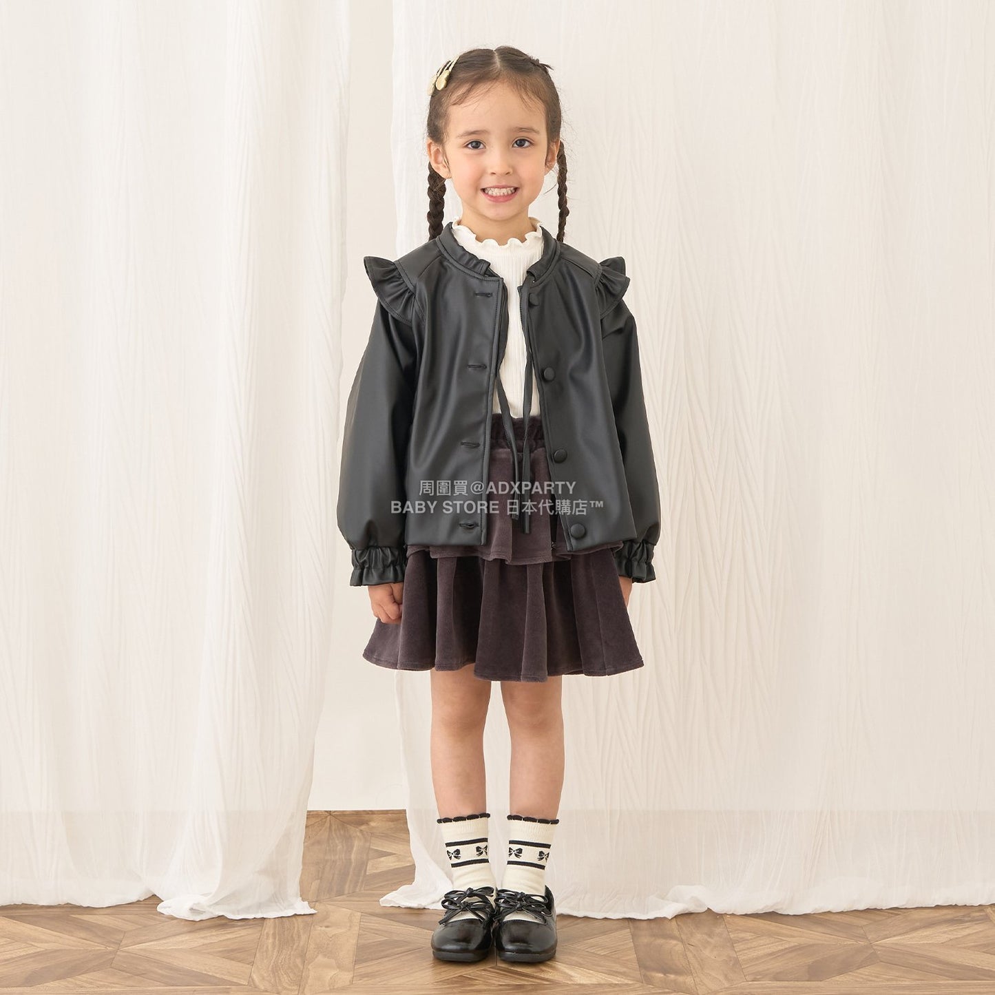 日本童裝 Ly# mine [柔軟合成皮革] 無領皮褸 110-150cm 女童款 秋季 OUTERWEAR