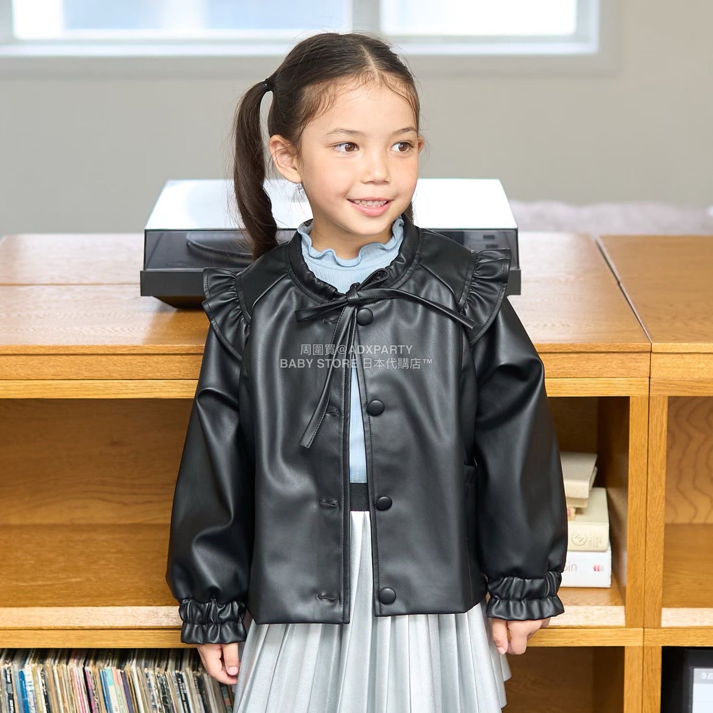 日本童裝 Ly# mine [柔軟合成皮革] 無領皮褸 110-150cm 女童款 秋季 OUTERWEAR