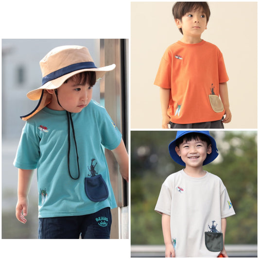 日本童裝 BE#AMS mini 防UV 吸水速乾 網眼口袋蟲蟲印花上衣 90-130cm 男童款 夏季 TOPS
