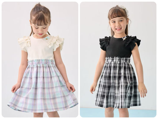 Japanese children's clothing aF#a325 checkered patchwork dress 110-160cm girls summer dresses 